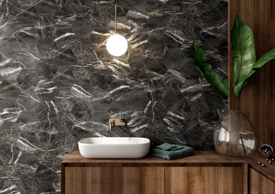 Marblehex Hexagon Marquina Gold Porcelain Floor and Wall Tile 200x240mm